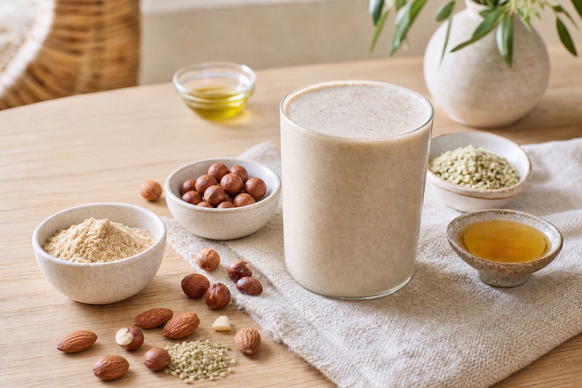 Creamy vegan morning shake with protein powder, nuts, seeds, and olive oil on a light wood table
