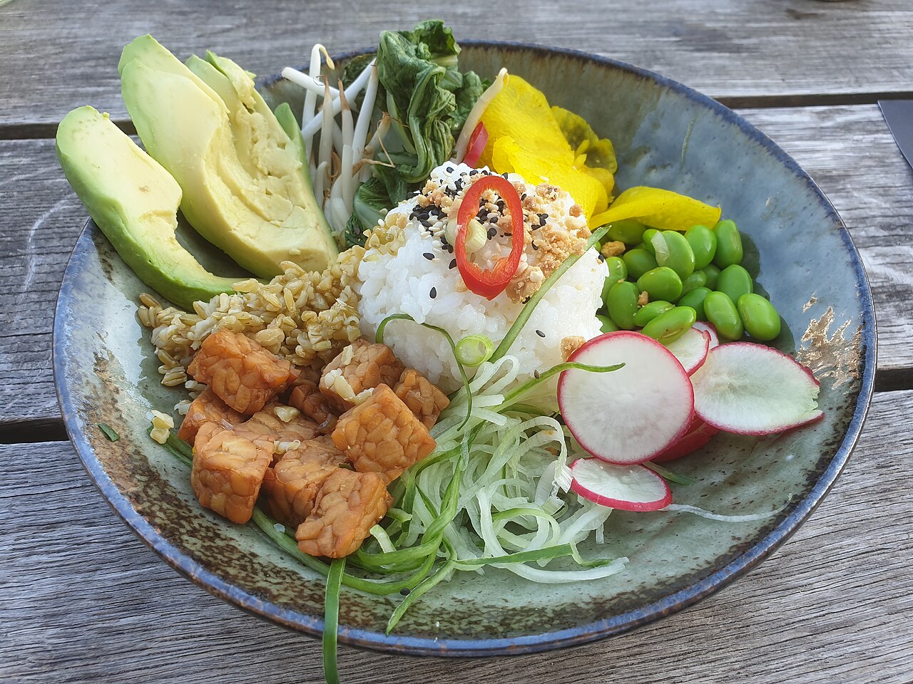 A bright superfood bowl with greens, grains, and vegetables